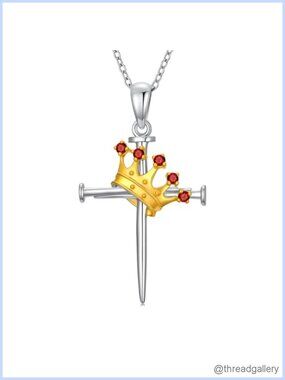 Natural Garnet Cross Nail Crown Pendant Necklace 925 Sterling Silver Gift